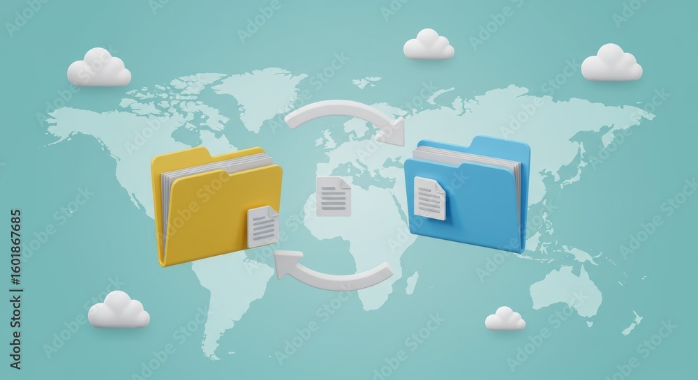 Poster conceptual image depicts cloud data transfer. two folders exchange document, symbolizing global info