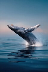 Fototapeta premium Professional High-Quality Marine Wildlife Image of Whale Breaching Ocean Surface at Horizon for Inspiring Nature Documentary and Social Media Content