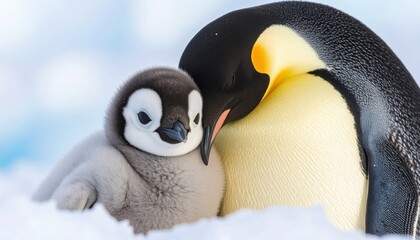 A touching close-up captures an emperor penguin chick led safely against its parent, showcasing their soft downy feathers amidst the icy