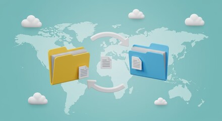Conceptual image depicts cloud data transfer. Two folders exchange document, symbolizing global information exchange with a world map backdrop