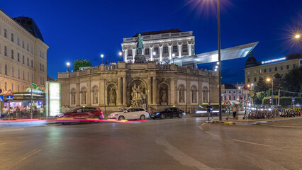 Night view of equestrian statue of Archduke Albert in front of the Albertina Museum day to night...