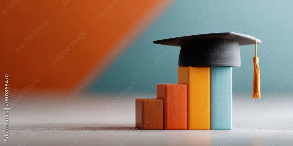 Poster modern student debt forgiveness concept with graduation cap on colorful bar graph in library setting