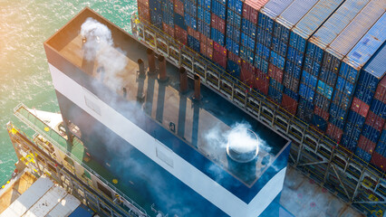 Smoke exhaust gas emissions carbondioxide from cargo lagre ship container ship,Marine diesel engine...
