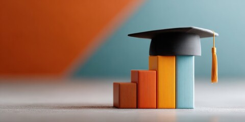 Modern Student Debt Forgiveness Concept with Graduation Cap on Colorful Bar Graph in Library Setting for Education Marketing and Inspiring Content