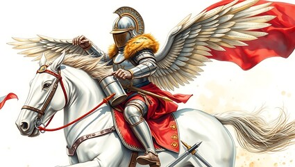 Horse wallpaper  a winged hussar in full armor riding a white horse with a red and white cape flowing behind him fast 17th century