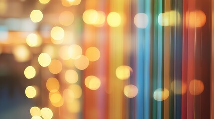 Abstract Bokeh Bliss: A blurred, mesmerizing display of light and color, with soft bokeh circles dancing across a vibrant backdrop of multi-hued vertical stripes.