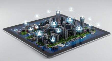 Digital city model on tablet with connected people icons