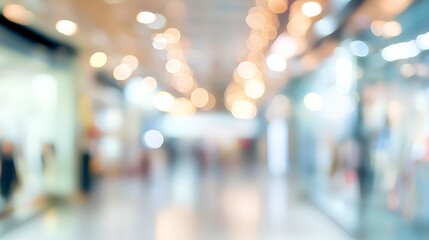 Shopping Mall Ambience: This image provides a serene, out-of-focus snapshot of a shopping mall interior, filled with natural light and soft bokeh from the illuminated shop displays.
