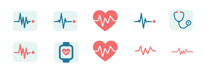 Modern cardiology icons featuring heartbeats, ECG, and stethoscope for health tracking and medical themes.