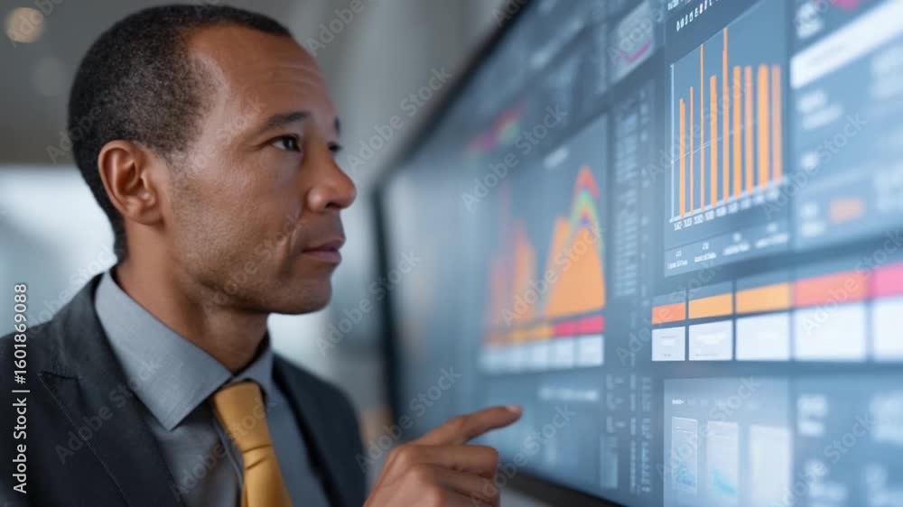 Poster focused data analysis: a focused business professional meticulously analyzes intricate charts and gr