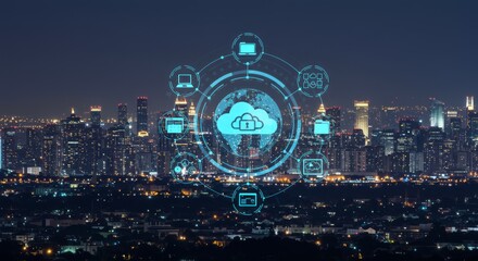 Digital cloud network icon overlays city skyline at dusk, representing data connectivity and security