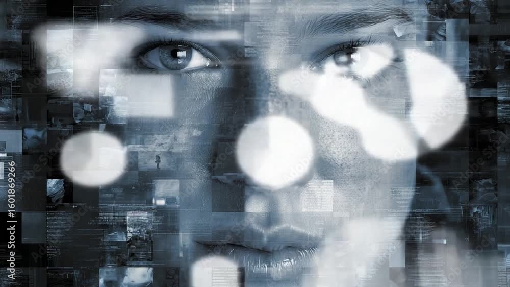 Poster digital connection: an artistic composition merges a person's face with abstract digital elements. a