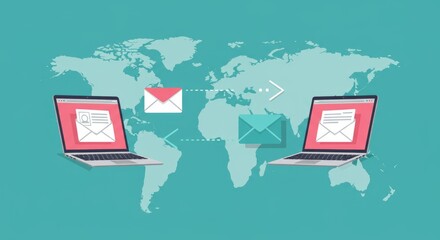 Digital communication illustration depicting laptop computers connected by email exchange, set against a world map backdrop