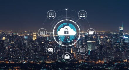 Digital cloud with security lock overlaid on cityscape, surrounded by digital icons & a glowing network