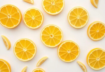 Fototapeta premium Vibrant yellow lemon halves, slices, and wedges artfully arranged on a white background, healthy, lemon
