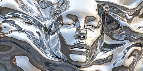 A sci-fi-inspired sculpture where a liquid chrome face is forming from abstract waves