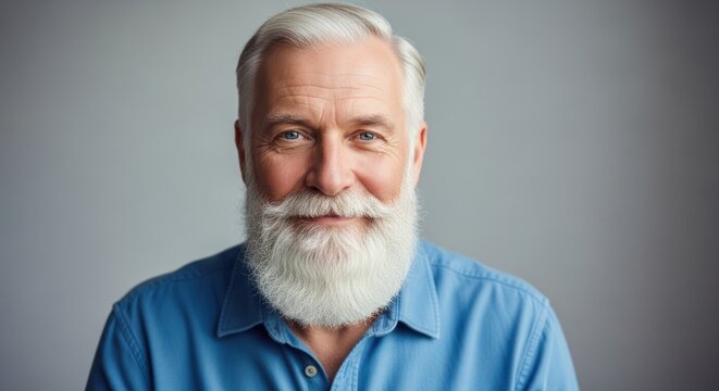 A smiling elderly man with a white beard and mustache, wearing a blue shirt, against a gray background.