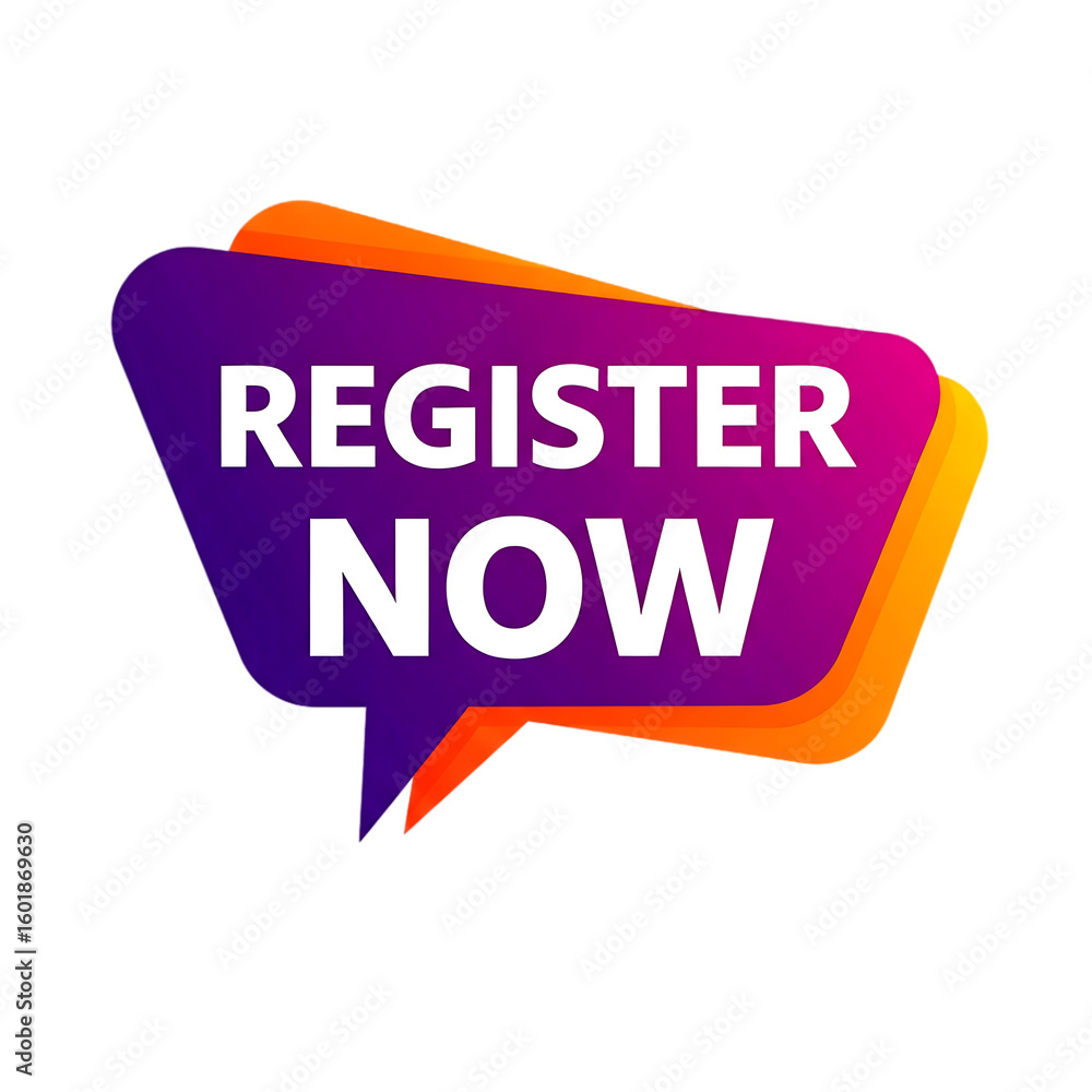 Fototapete purple and orange speech bubble with white text register now isolated on a transparent background bu