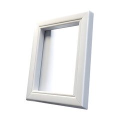 Empty white wooden picture frame with a beveled edge on a black background