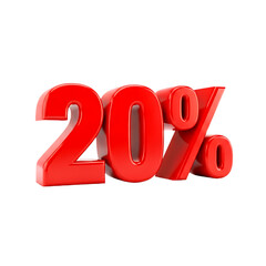 Red 3 D twenty percent symbol with subtle shading isolated on a transparent background percentage number