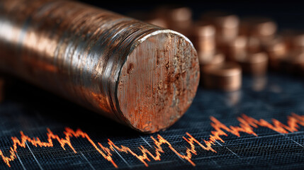 Copper rod on fluctuating graph background symbolizes market volatility. Stacked coins in background add depth to financial theme