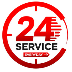 Red 24 Service Everyday Clock Symbol isolated on a transparent background time