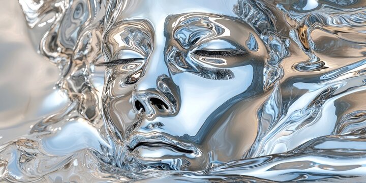 A sci-fi-inspired sculpture where a liquid chrome face is forming from abstract waves