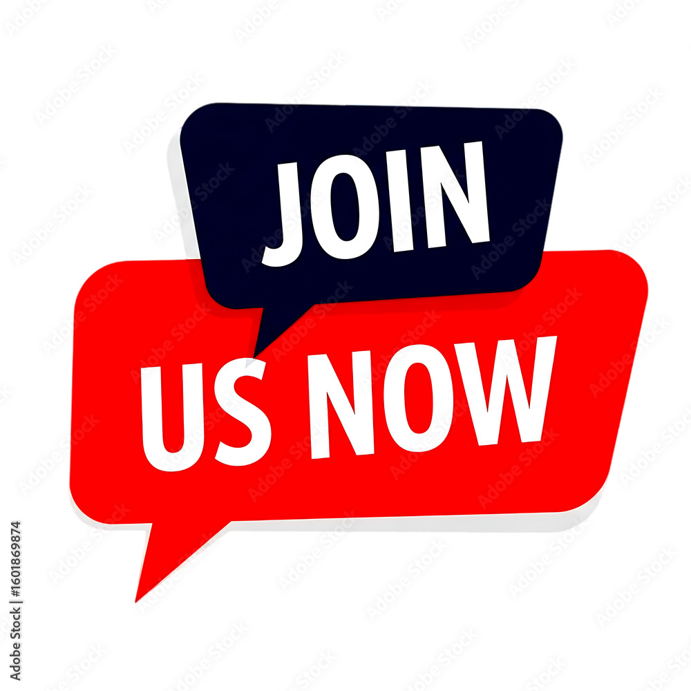 Aufkleber red and blue speech bubbles with white text join us now isolated on a transparent background message