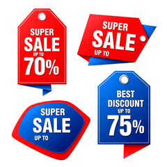 Red and blue sale tags with percentage discounts isolated on a transparent background offer promotion