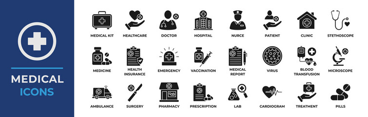 Fototapeta premium Medical icons set. Containing doctor, medicine, hospital, treatment, healthcare, nurse, pills, clinic and more. Solid vector icons collection.