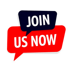 Red and blue speech bubbles with white text Join Us Now isolated on a transparent background message