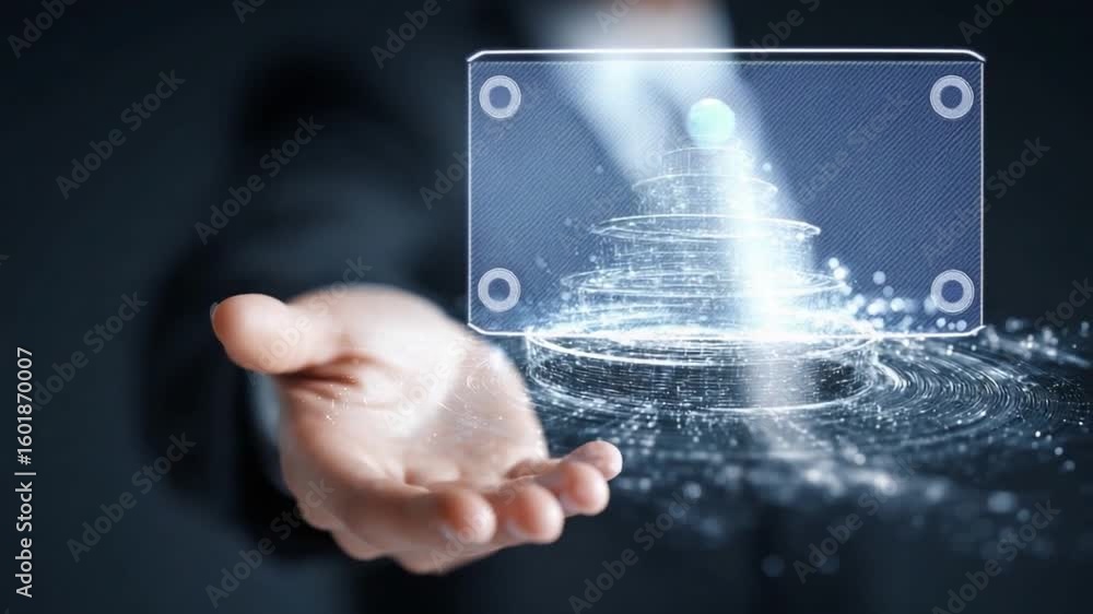 Poster digital concept of the future: a futuristic depiction of a translucent digital interface floating gr