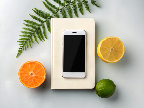 Flat lay of a smartphone on a notebook surrounded by fresh citrus fruits and a fern leaf