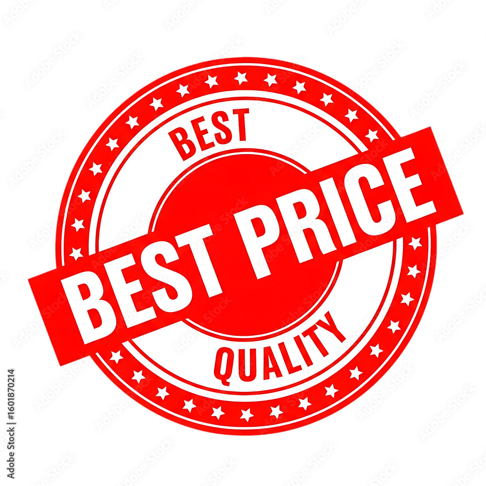 Poster red and white circular stamp with best price and quality text isolated on a transparent background c