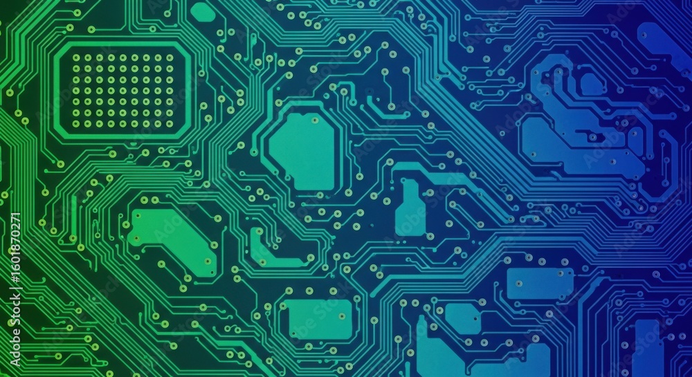 Poster abstract circuit board pattern with green to blue gradient background