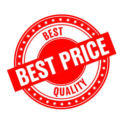 Red and white circular stamp with best price and quality text isolated on a transparent background circle