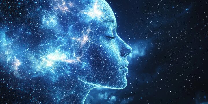 Fototapeta A sci-fi-inspired vision of consciousness expanding into an AI-powered digital universe