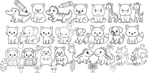 Cute Jungle and Zoo Animals Coloring Page – Kawaii Style Printable for Kids