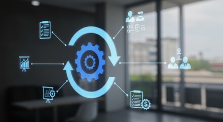 Digital graphic depicting a circular workflow with icons representing planning, analysis, tasks, and teamwork, set against a blurry office background