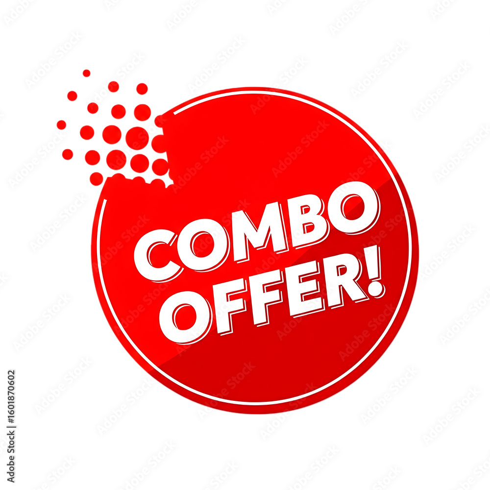 Poster red circle with white text c o m b o f e r and red dots isolated on a transparent background offer