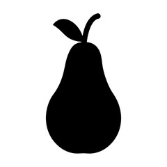 Simple black silhouette of a pear with a leaf and stem