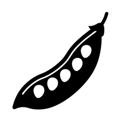 Monochrome drawing of a pea pod filled with peas on white background
