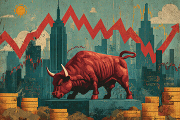 Image depicts red bull in front of city skyline with financial charts showing downward trend and sharp upward movement, symbolizing market volatility and economic challenges