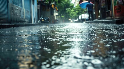 Obraz premium Atmospheric Scenes of Streets after Heavy Rain: Glistening Pavements, Reflections of Neon Lights, Wet Storefronts, and Misty Alleyways with Fresh Raindrops, Puddles, and Post-Storm Serenity for Urban 