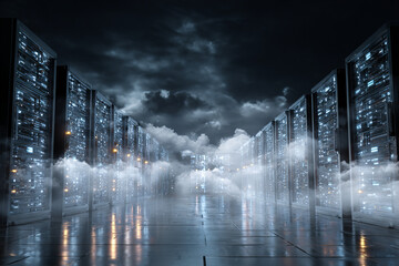 Futuristic data center with illuminated server racks cloudy night sky, reflecting high tech environment with digital data streams and cloud computing elements, evoking sense of advanced technology