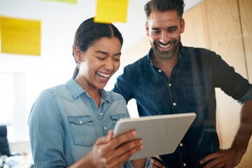 Happy Colleagues Reviewing Presentation on Tablet in Modern Office
