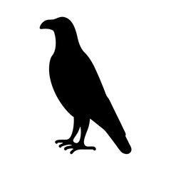 A striking silhouette of a raven standing against a stark white background