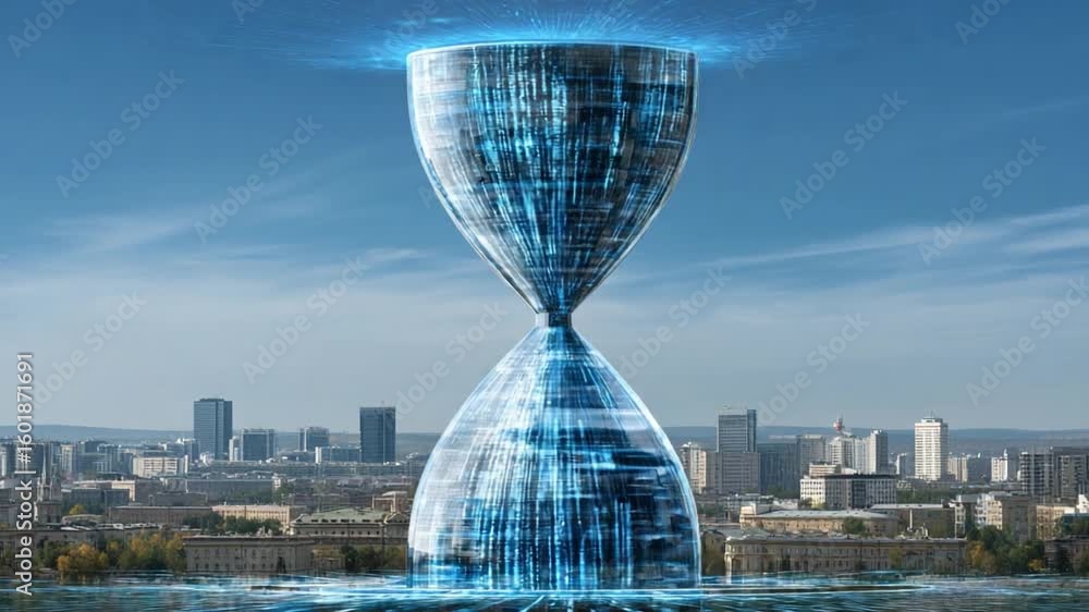 Poster digital time's passage: a futuristic hourglass, formed from intricate digital data and code, stands 