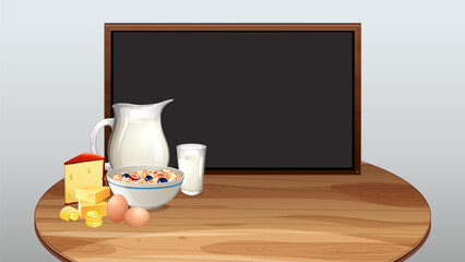 Breakfast Essentials on Wooden Table with Blackboard