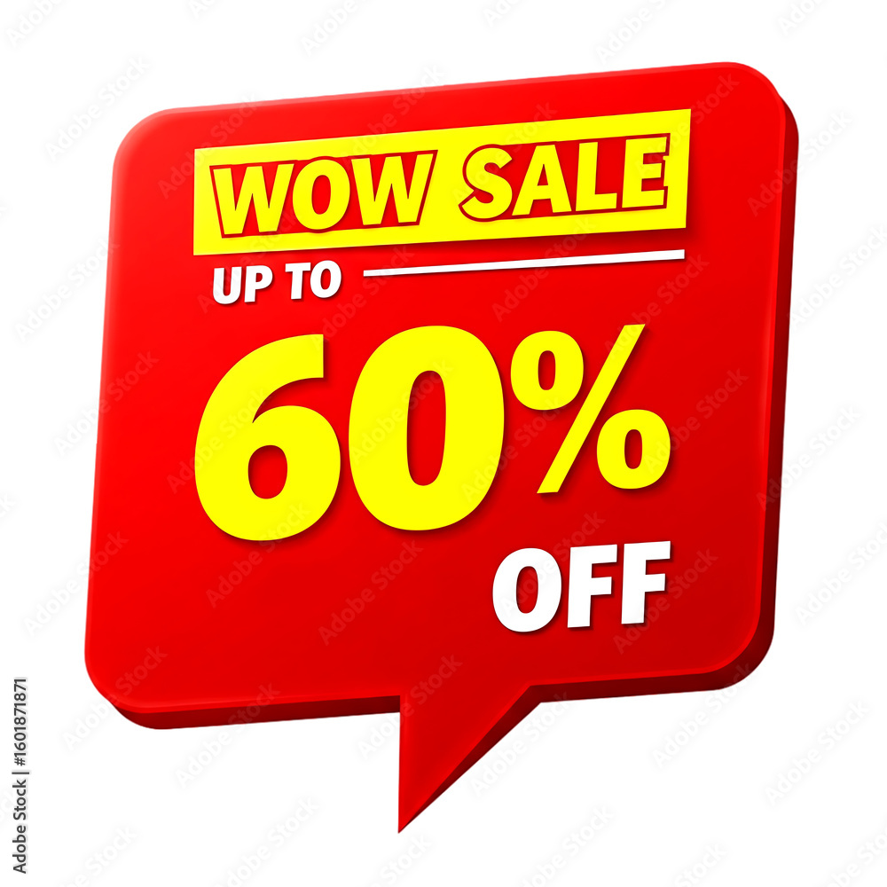 Poster red speech bubble with yellow text announcing up to 60 percent off isolated on a transparent backgro